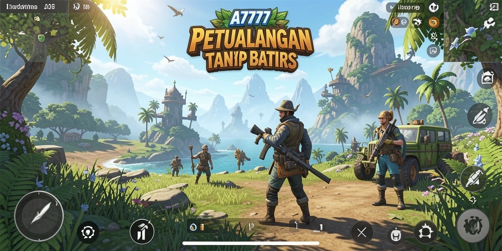 Screenshot utama A7777 menampilkan momen aksi epik dalam eksplorasi dunia terbuka.