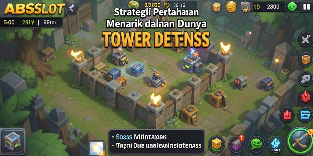 Gameplay menakjubkan dalam Tower Defense ABCSLOT dengan menara strategis.