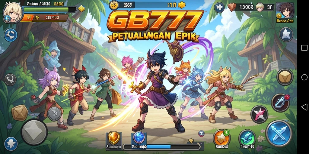 Tangkapan layar utama GB777 menampilkan karakter Anime dalam aksi pertarungan yang seru.