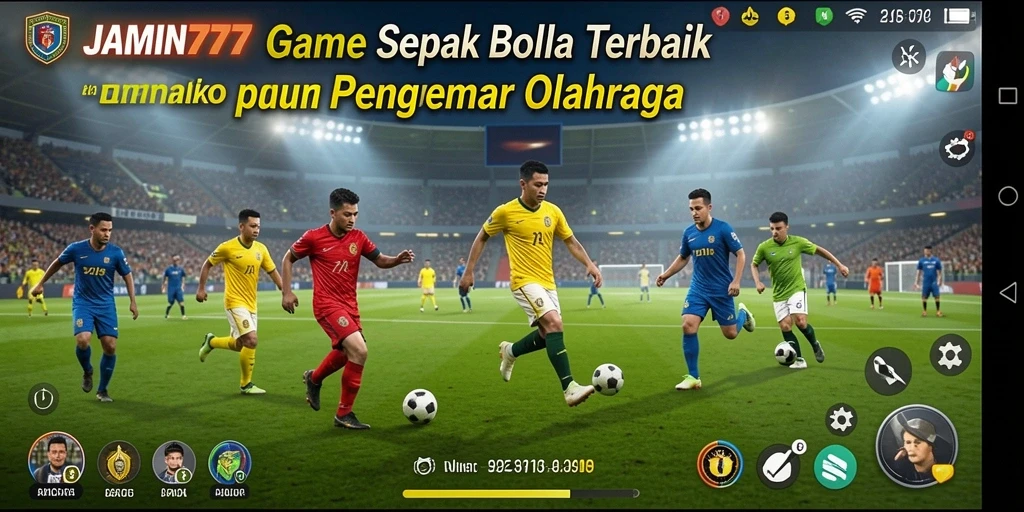 Screenshot utama menunjukkan aksi seru dalam permainan sepak bola.