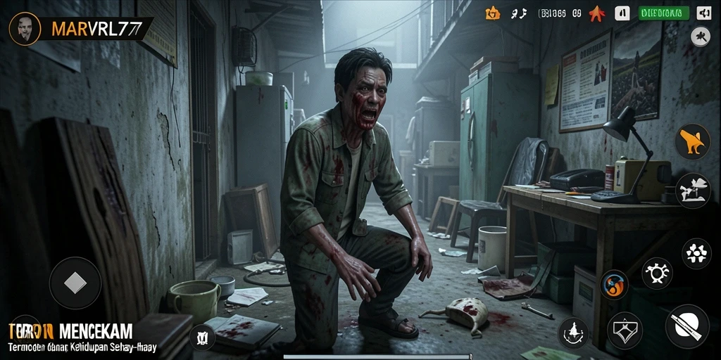 Tangkapan layar utama MARVRL77 menampilkan suasana mencekam dan gameplay seru.