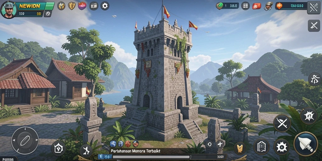 Screenshot gameplay menampilkan pertahanan menara yang kuat di NEWIDN.